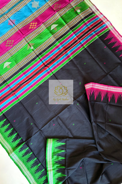 Exclusive Ganga Jamuna Border Double Pallu Berhampuri Pure Silk Patta Saree - Black Saree