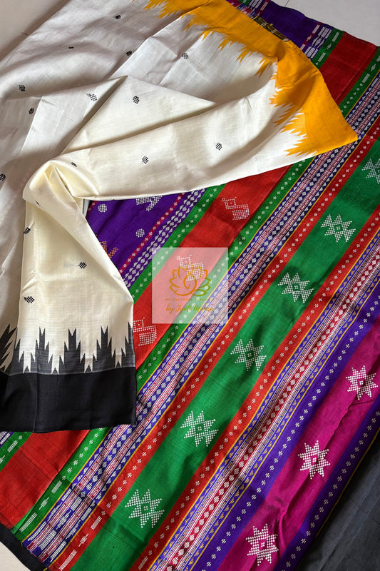 Exclusive Ganga Jamuna Border Double Pallu Berhampuri Pure Silk Patta Saree - Off White Saree