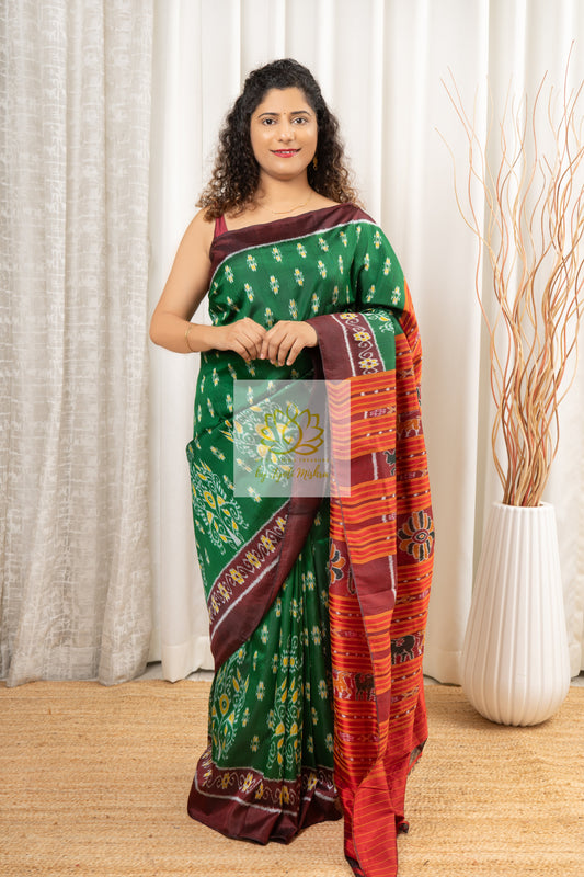 Exclusive Khandua Ikkat Silk Saree - Green Saree