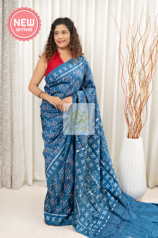 Exclusive Odisha Ikkat Pure Silk Khandua Pata Saree- Aegean Blue Saree