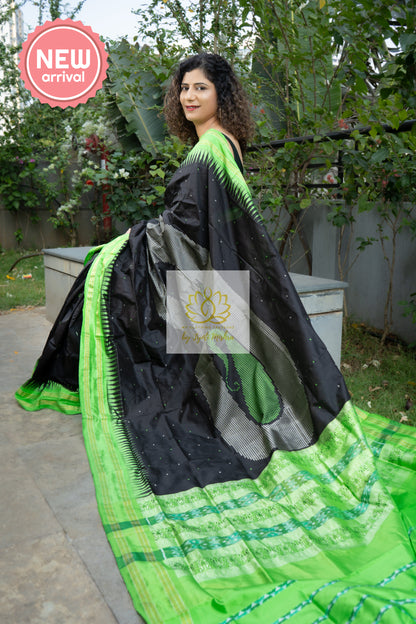 Exclusive Sambalpuri Bomkei Pure Silk Tissue Palla Saree- Black-Green Saree