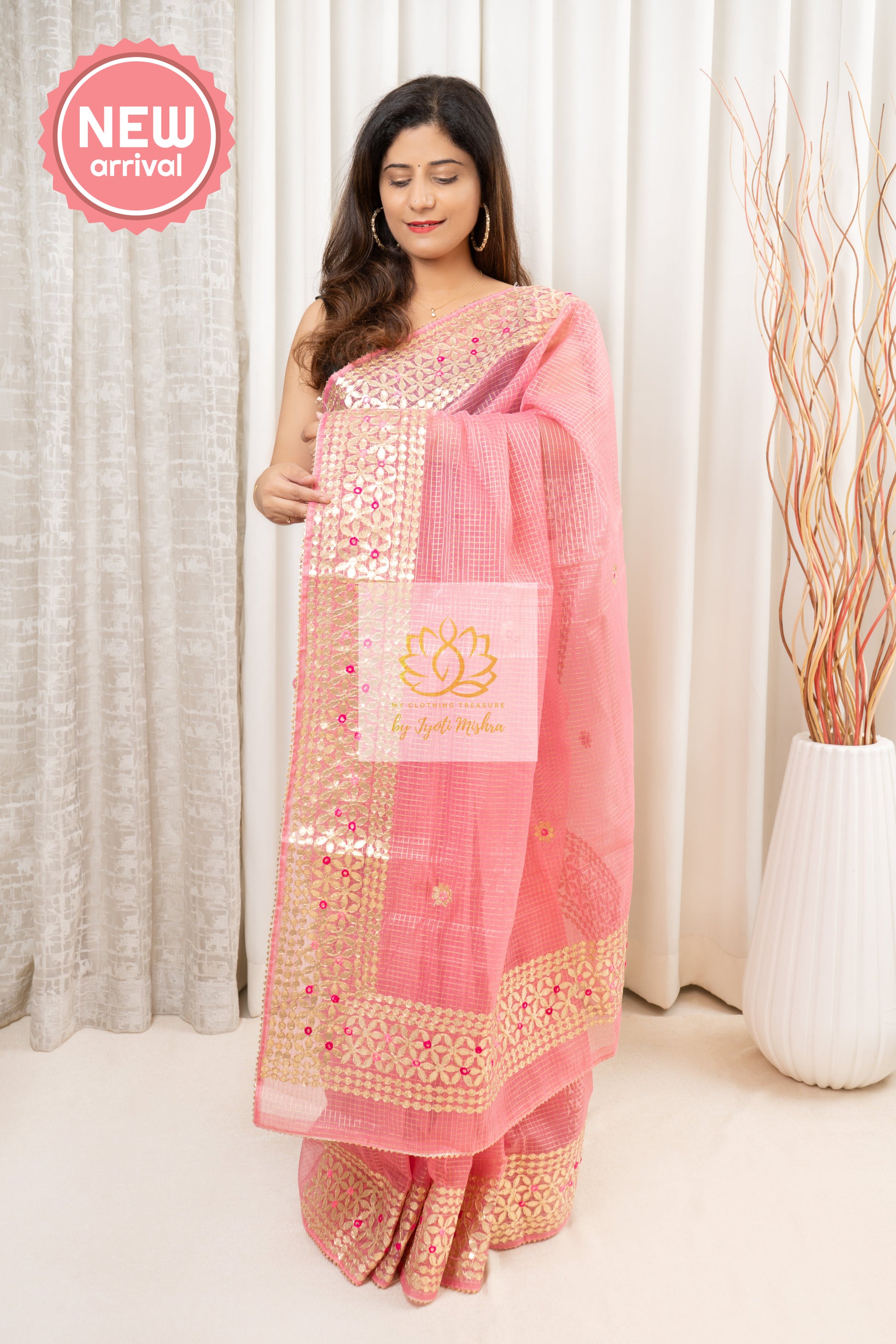 Gota Patti Work Kota Saree- Pink Saree