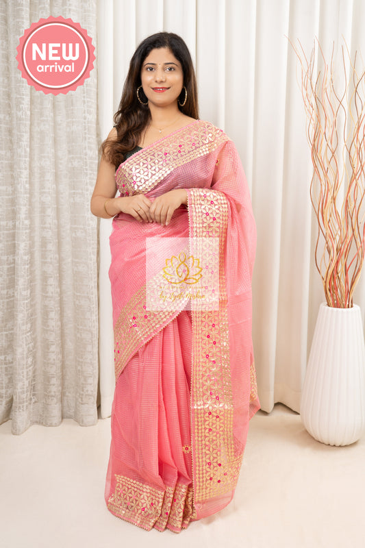 Gota Patti Work Kota Saree- Pink Saree