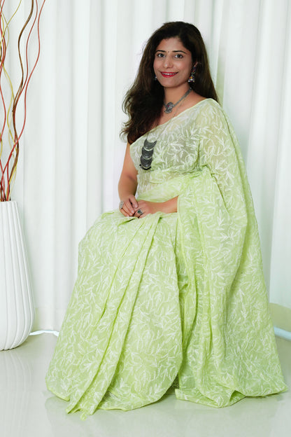 Kota Cotton Saree With Tepchi Chikankari Work- Green