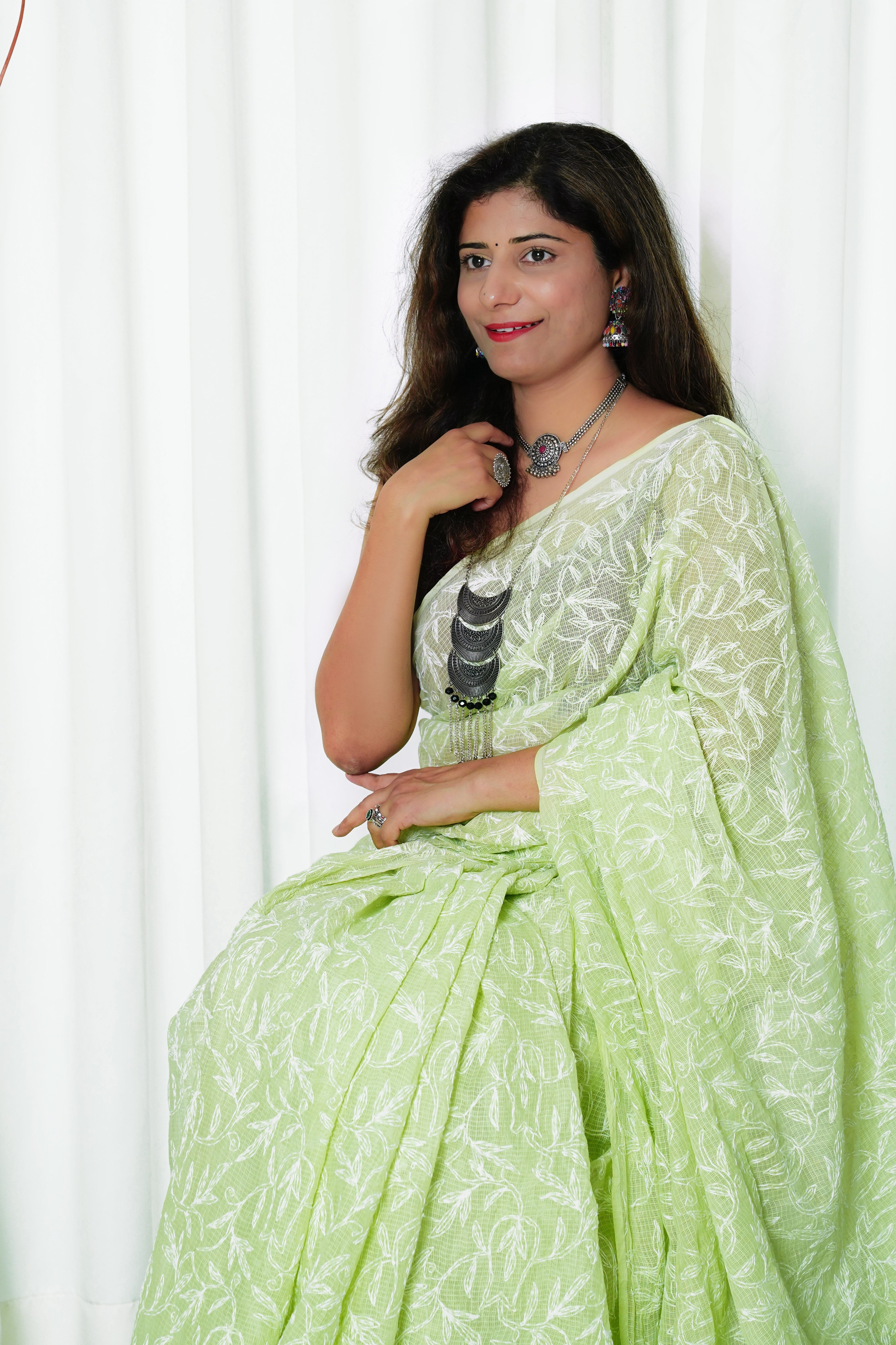 Kota Cotton Saree With Tepchi Chikankari Work- Green