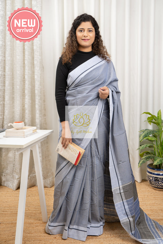 Greyish Blue Patteda Anchu Cotton Saree With Bluish Grey Border (Navy-White Checks)