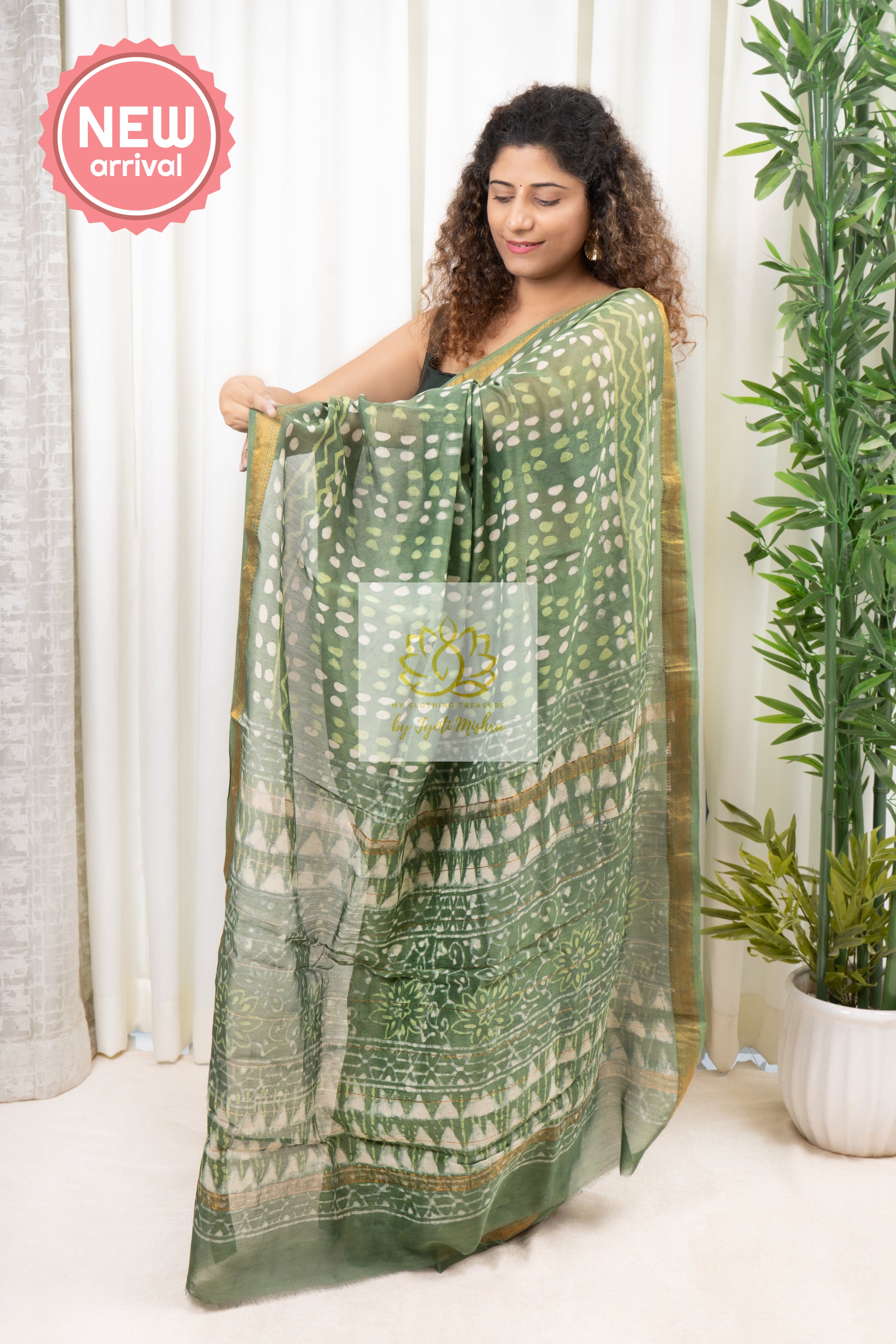 Hand Block Print On Chanderi Silk-Cotton Saree - Green