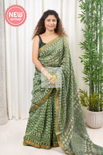 Load image into Gallery viewer, Hand Block Print On Chanderi Silk-Cotton Saree - Green
