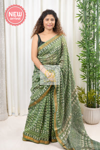 Hand Block Print On Chanderi Silk-Cotton Saree - Green