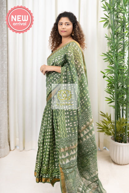 Hand Block Print On Chanderi Silk-Cotton Saree - Green