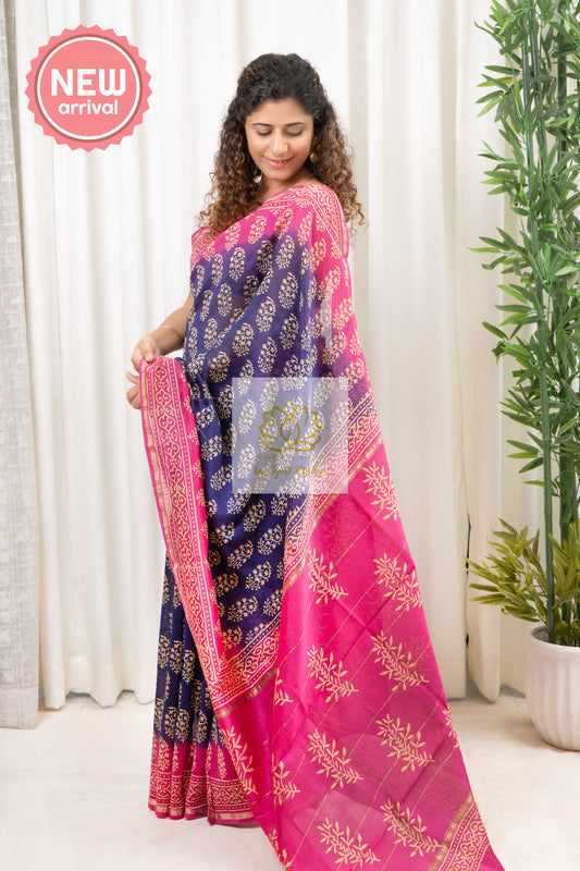 Hand Block Print On Chanderi Silk-Cotton Saree - Navy & Pink