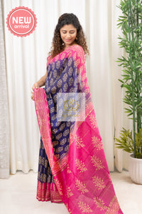 Hand Block Print On Chanderi Silk-Cotton Saree - Navy & Pink