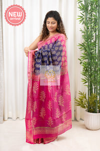 Hand Block Print On Chanderi Silk-Cotton Saree - Navy & Pink