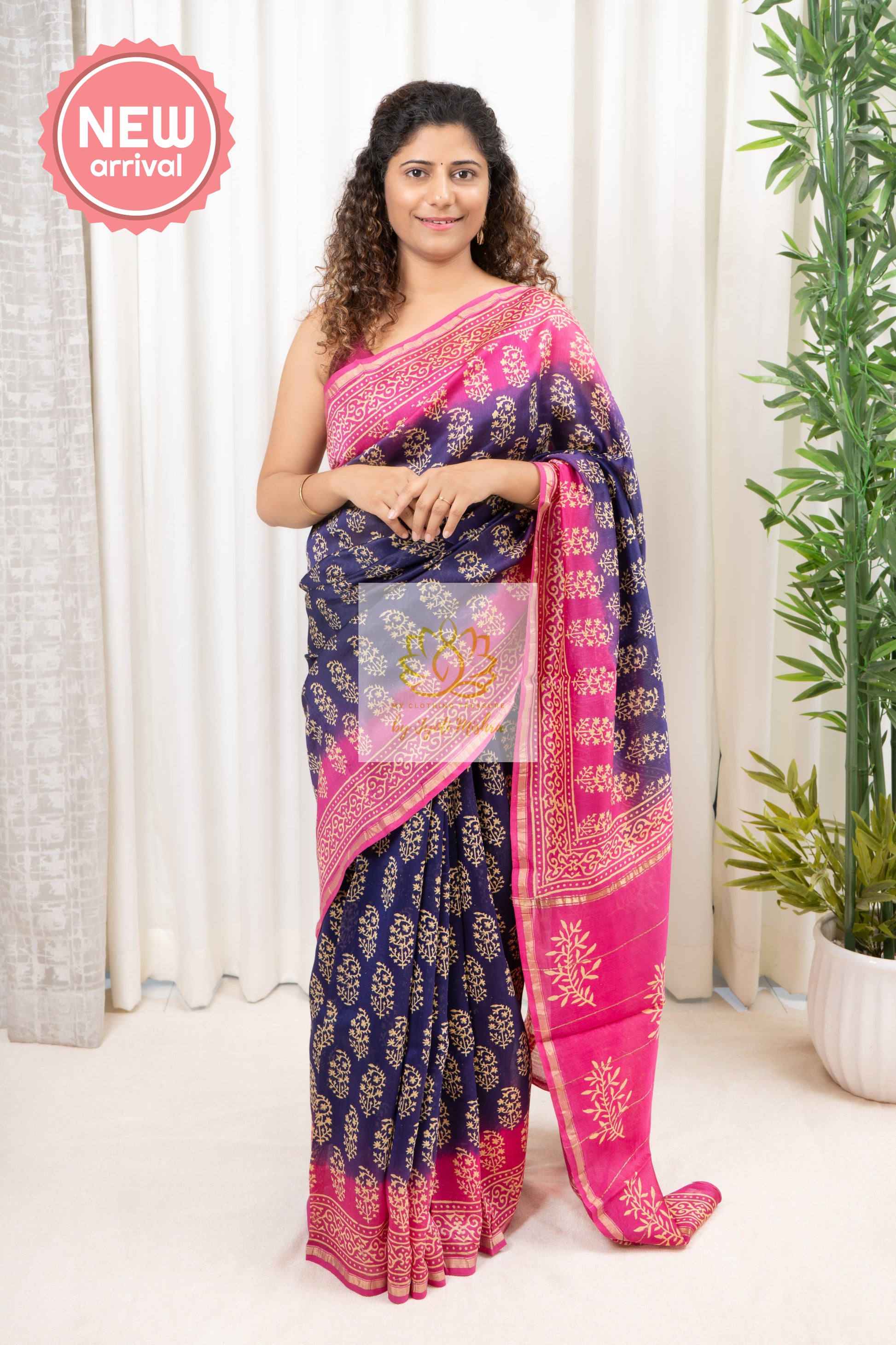 Hand Block Print On Chanderi Silk-Cotton Saree - Navy & Pink