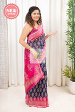 Load image into Gallery viewer, Hand Block Print On Chanderi Silk-Cotton Saree - Navy &amp; Pink
