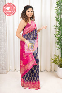 Hand Block Print On Chanderi Silk-Cotton Saree - Navy & Pink