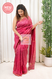 Hand Block Print On Chanderi Silk-Cotton Saree - Pink