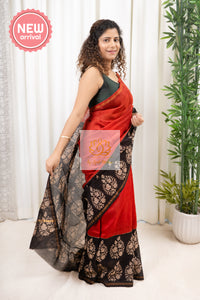 Hand Block Print On Chanderi Silk-Cotton Saree - Rust & Black