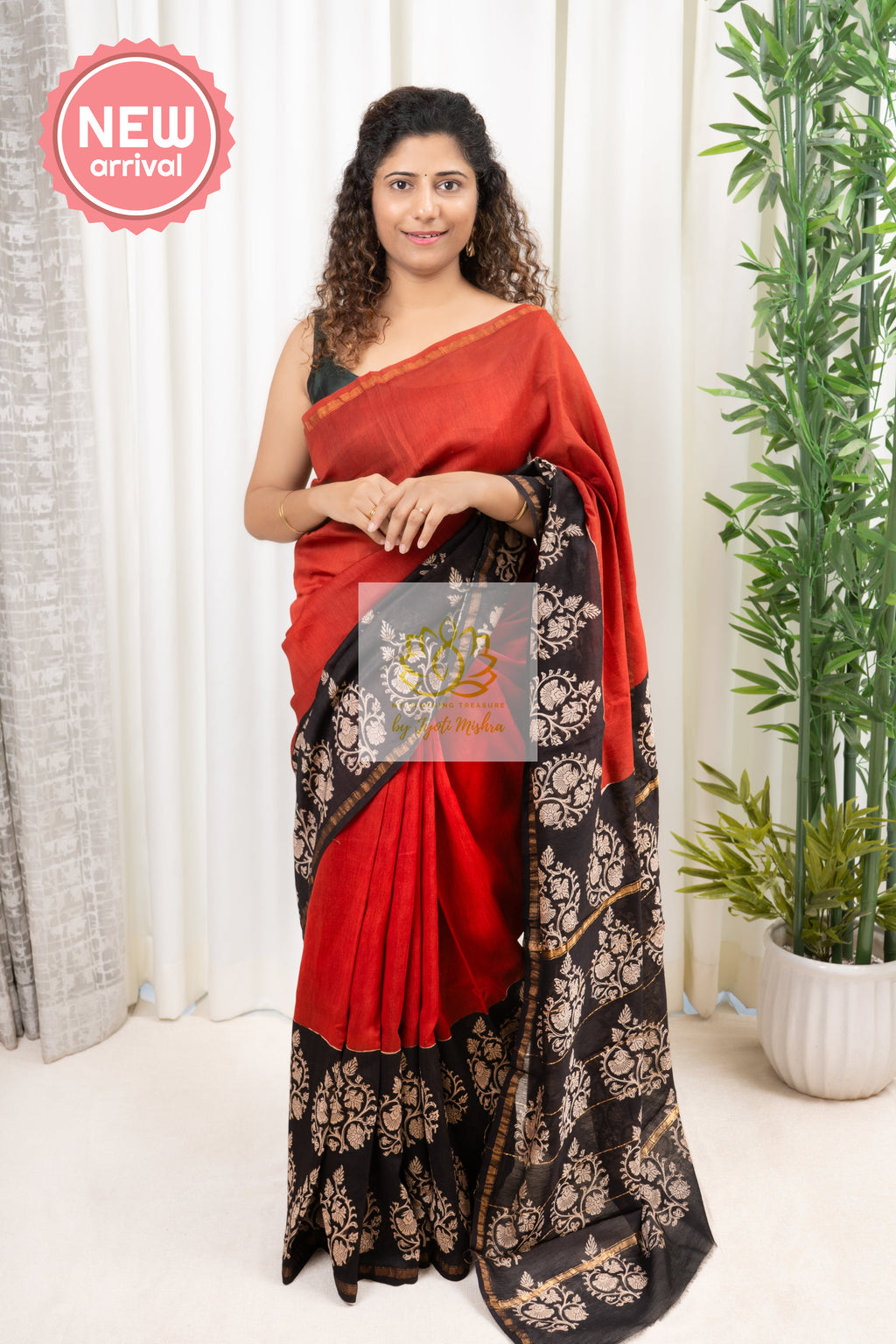 Hand Block Print On Chanderi Silk-Cotton Saree - Rust & Black