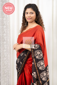 Hand Block Print On Chanderi Silk-Cotton Saree - Rust & Black