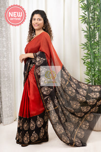 Hand Block Print On Chanderi Silk-Cotton Saree - Rust & Black