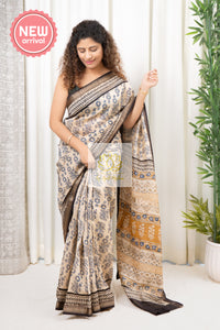 Hand Block Print On Maheshwari Silk-Cotton Saree - Beige