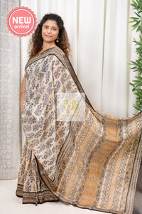 Hand Block Print On Maheshwari Silk-Cotton Saree - Beige