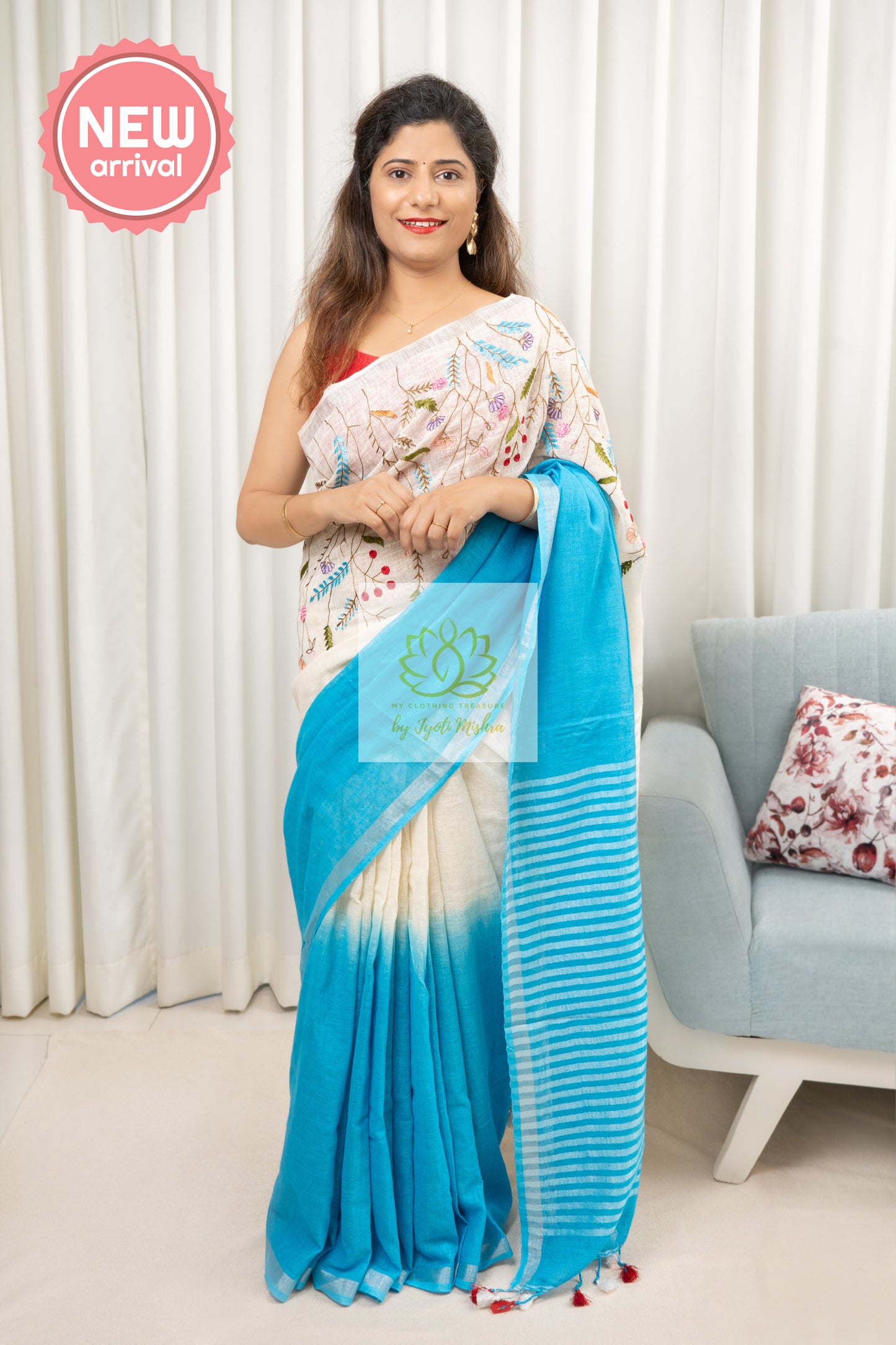 Hand Embroidered Bhagalpuri Linen Saree