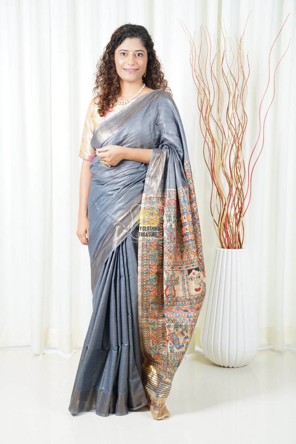 Hand Painted Madhubani Ghicha Tussar Silk Palla Slub Saree - Grey