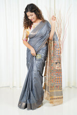 Load image into Gallery viewer, Hand Painted Madhubani Ghicha Tussar Silk Palla Slub Saree - Grey
