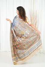 Load image into Gallery viewer, Hand Painted Madhubani Ghicha Tussar Silk Palla Slub Saree - Grey
