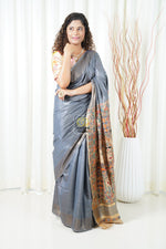 Load image into Gallery viewer, Hand Painted Madhubani Ghicha Tussar Silk Palla Slub Saree - Grey
