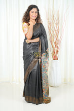 Load image into Gallery viewer, Hand Painted Madhubani Ghicha Tussar Silk Palla Slub Saree - Greyish Black
