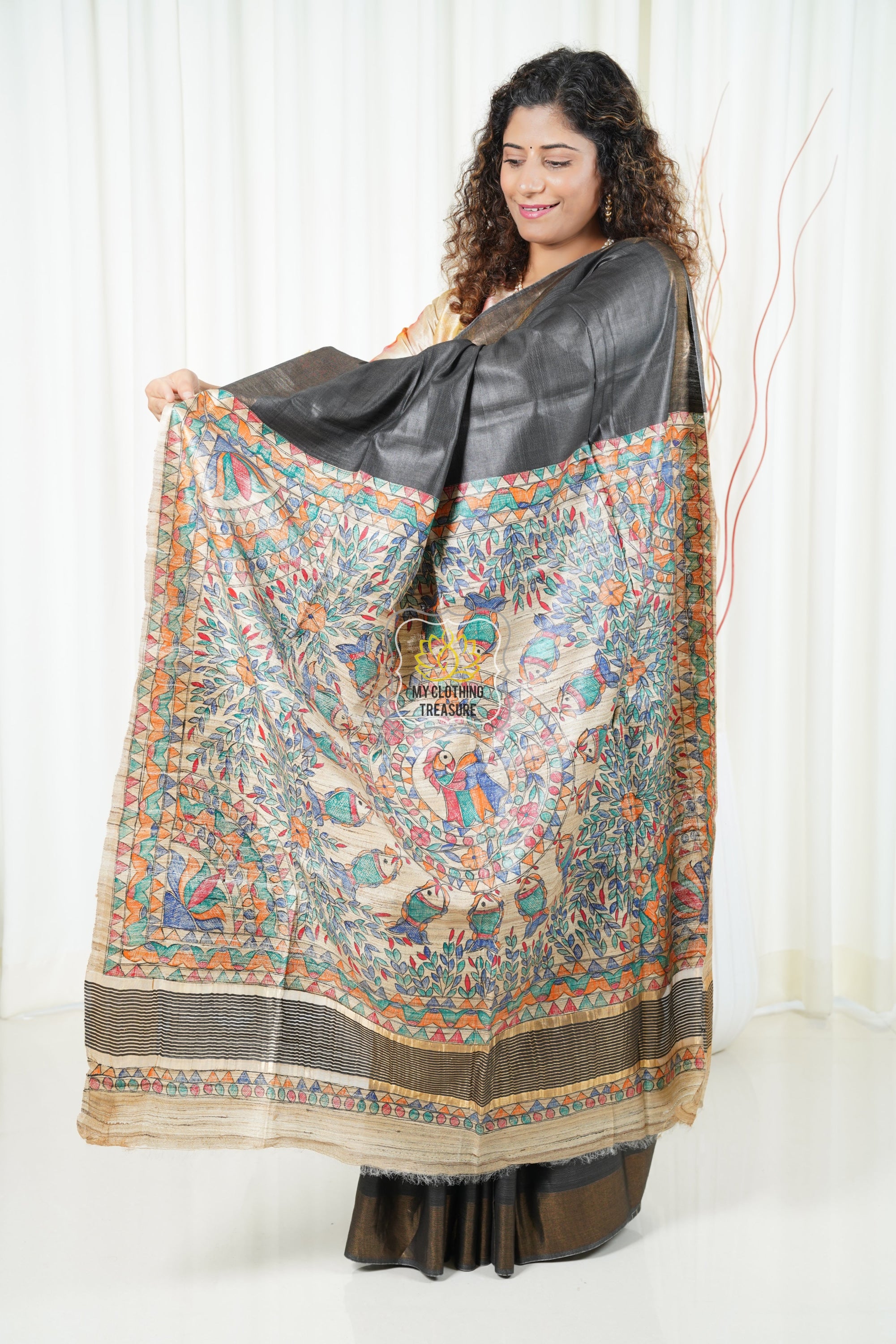 Hand Painted Madhubani Ghicha Tussar Silk Palla Slub Saree - Greyish Black