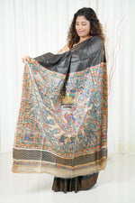 Load image into Gallery viewer, Hand Painted Madhubani Ghicha Tussar Silk Palla Slub Saree - Greyish Black
