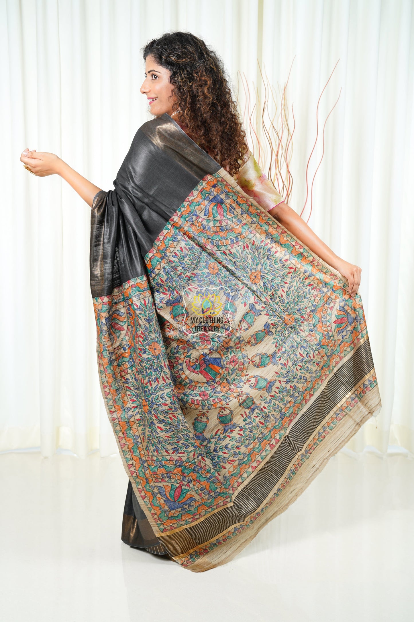 Hand Painted Madhubani Ghicha Tussar Silk Palla Slub Saree - Greyish Black