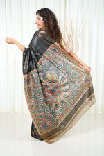 Load image into Gallery viewer, Hand Painted Madhubani Ghicha Tussar Silk Palla Slub Saree - Greyish Black
