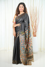 Load image into Gallery viewer, Hand Painted Madhubani Ghicha Tussar Silk Palla Slub Saree - Greyish Black
