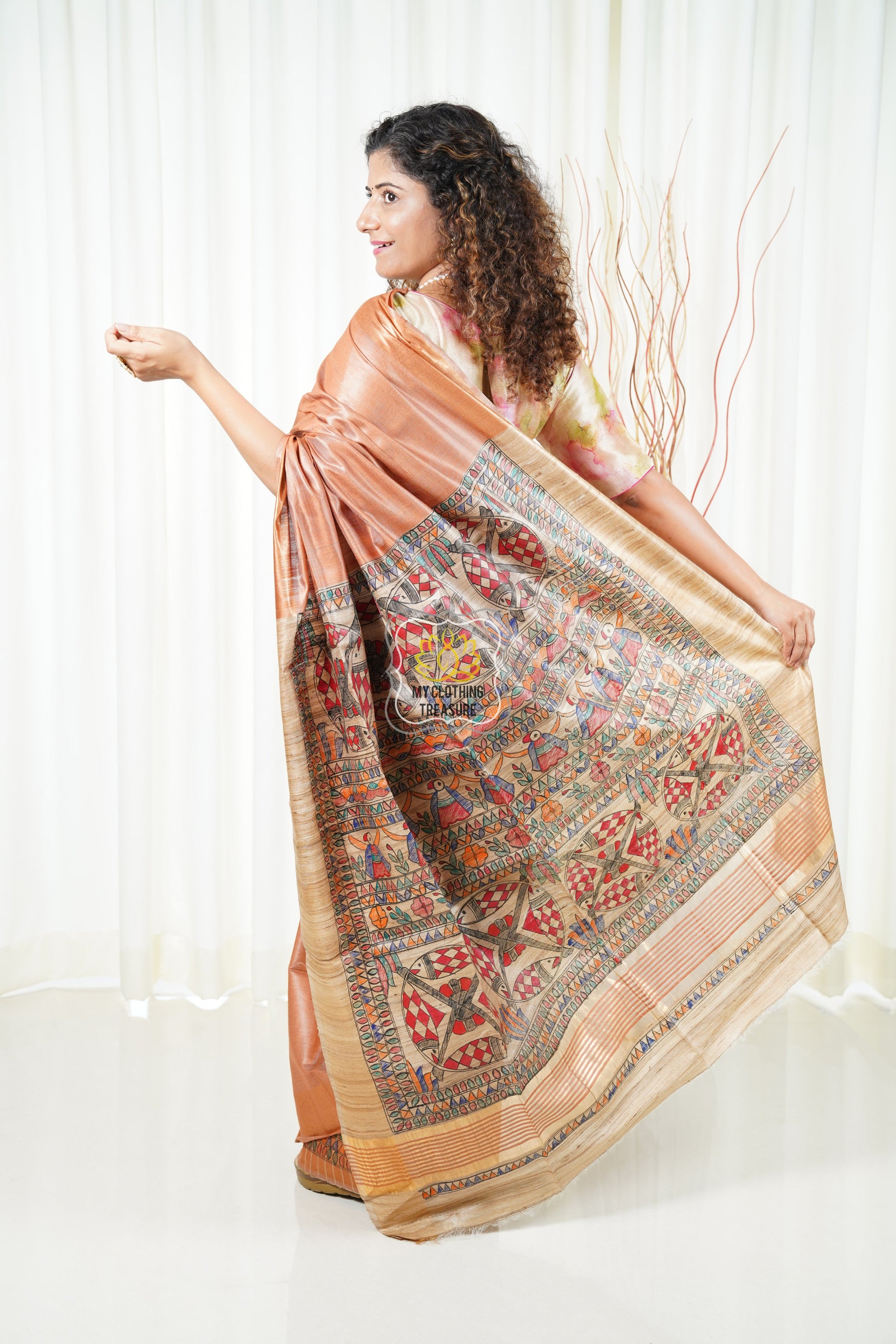 Hand Painted Madhubani Ghicha Tussar Silk Palla Slub Saree - Peachy Brown