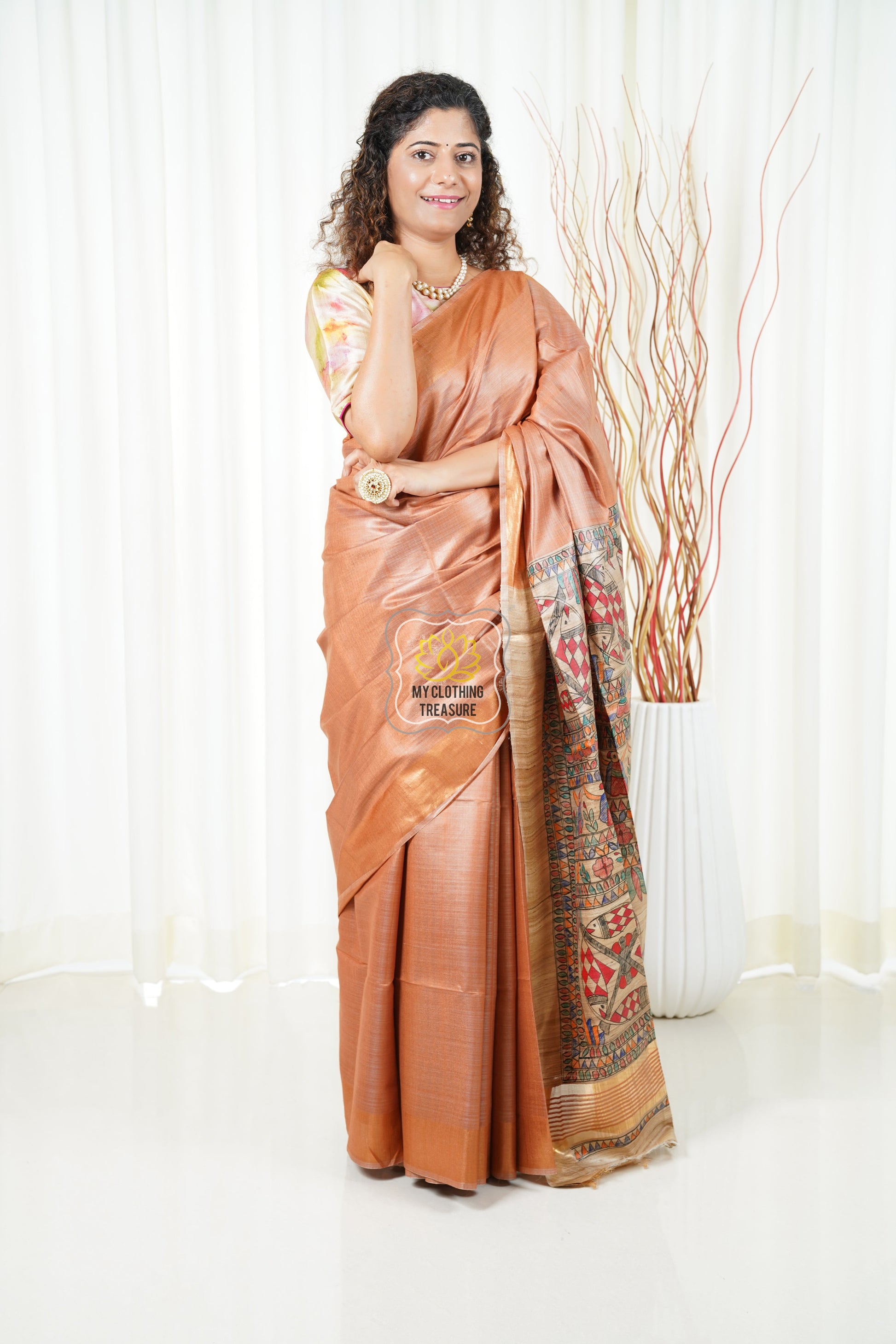 Hand Painted Madhubani Ghicha Tussar Silk Palla Slub Saree - Peachy Brown