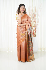 Load image into Gallery viewer, Hand Painted Madhubani Ghicha Tussar Silk Palla Slub Saree - Peachy Brown
