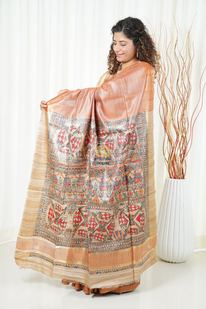 Hand Painted Madhubani Ghicha Tussar Silk Palla Slub Saree - Peachy Brown