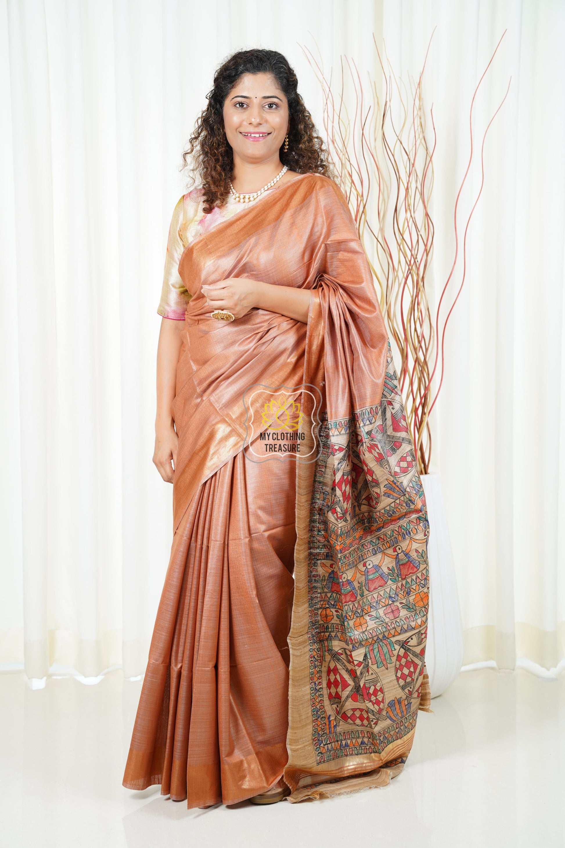 Hand Painted Madhubani Ghicha Tussar Silk Palla Slub Saree - Peachy Brown