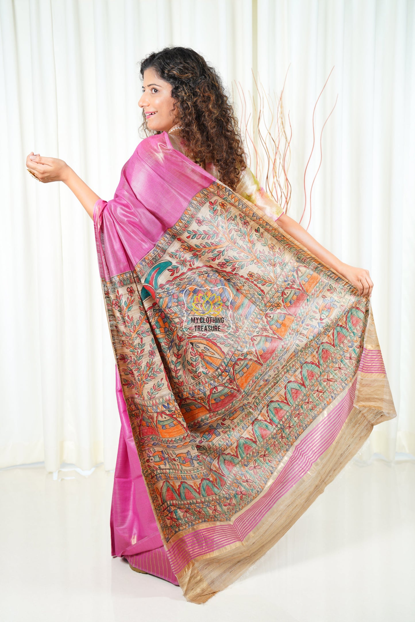 Hand Painted Madhubani Ghicha Tussar Silk Palla Slub Saree - Pink