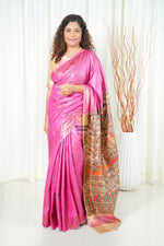 Load image into Gallery viewer, Hand Painted Madhubani Ghicha Tussar Silk Palla Slub Saree - Pink
