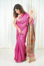 Load image into Gallery viewer, Hand Painted Madhubani Ghicha Tussar Silk Palla Slub Saree - Pink
