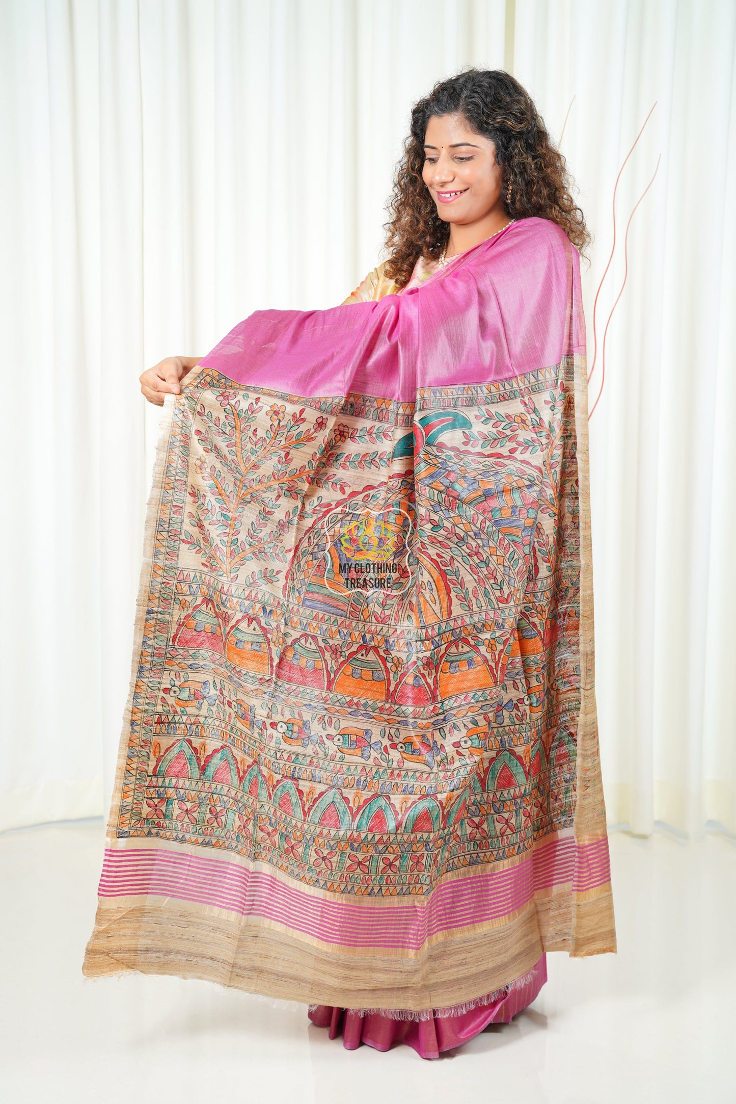 Hand Painted Madhubani Ghicha Tussar Silk Palla Slub Saree - Pink