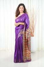 Load image into Gallery viewer, Hand Painted Madhubani Ghicha Tussar Silk Palla Slub Saree - Purple
