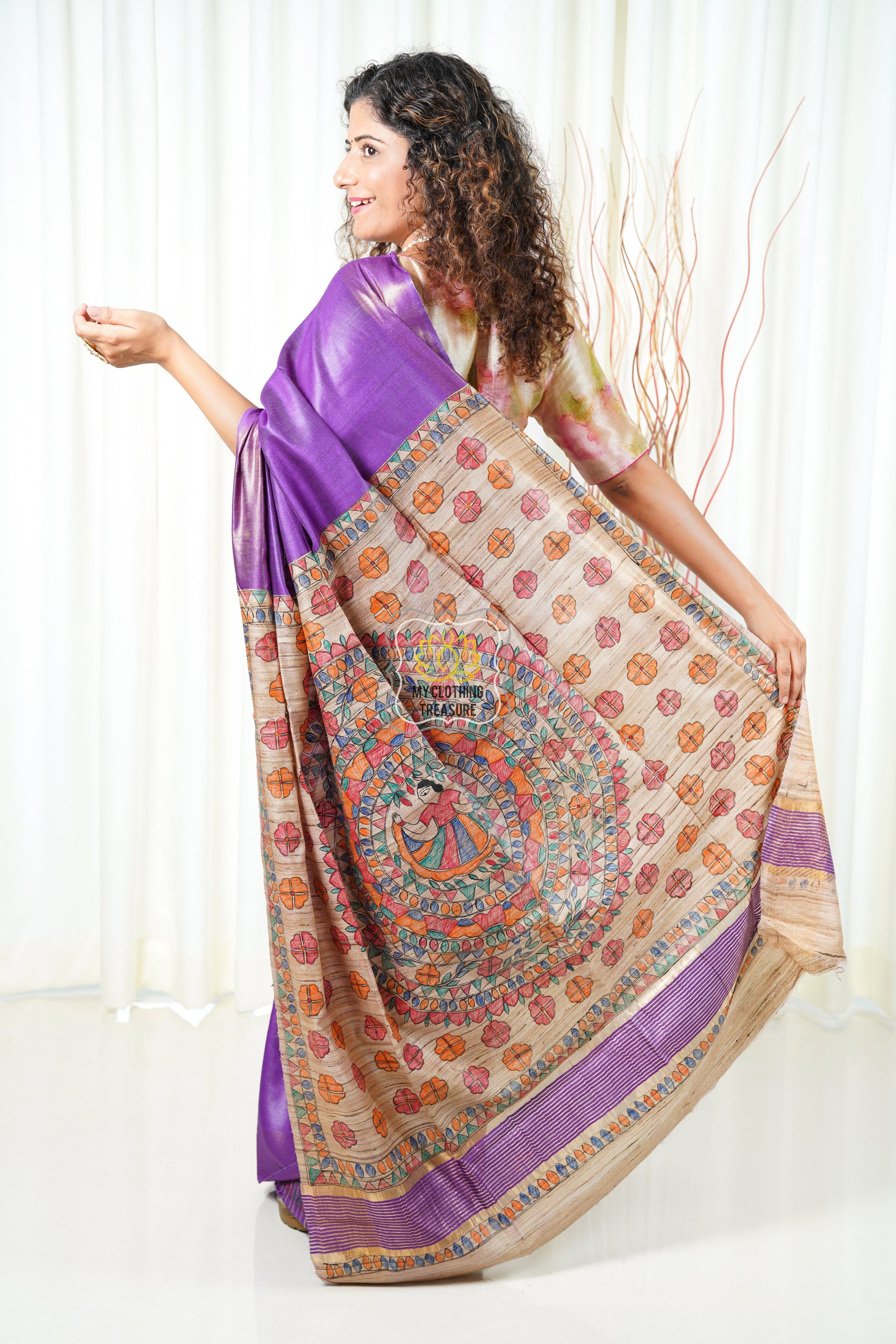 Hand Painted Madhubani Ghicha Tussar Silk Palla Slub Saree - Purple