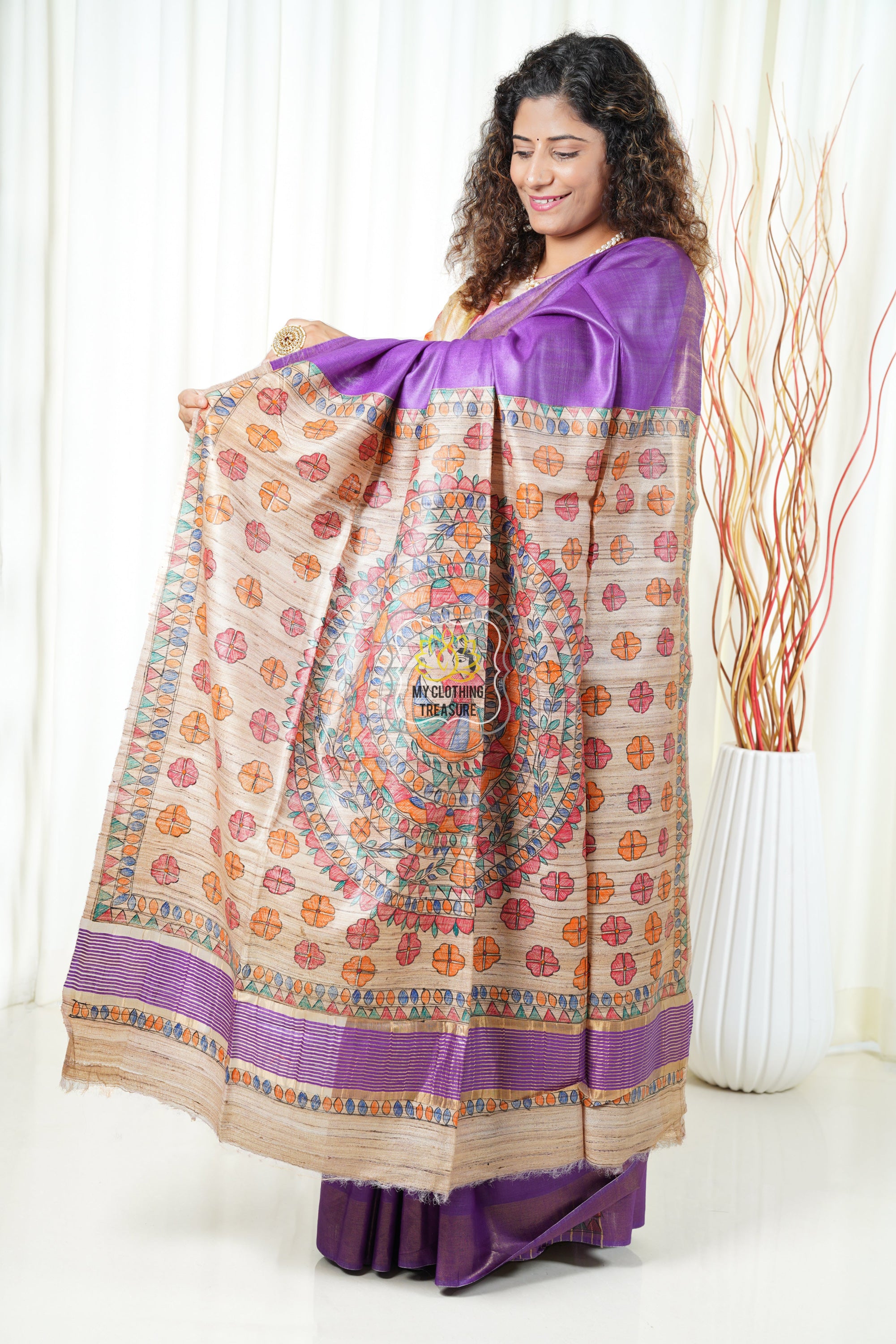 Hand Painted Madhubani Ghicha Tussar Silk Palla Slub Saree - Purple